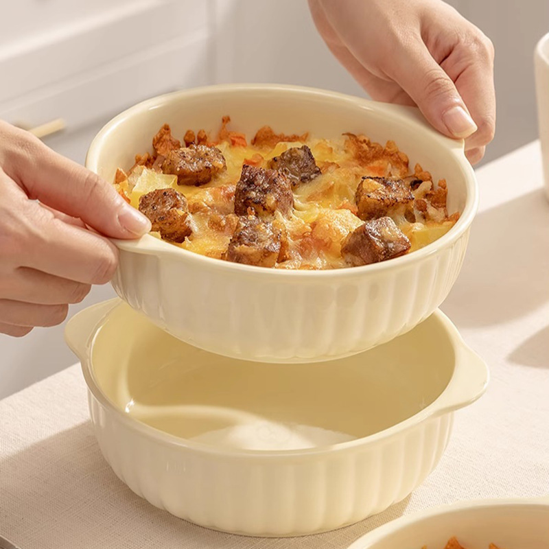 Microwave Oven Special Bowl Baked Rice Plate Bowl Household Ceramic Double-Eared Air Fryer Baking Bowl Oven Baking Pan Heating Bowl