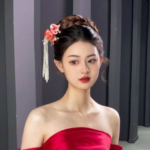 新中式花朵頭飾珍珠流蘇發簪國風優雅旗袍秀禾服配飾漢服飾品