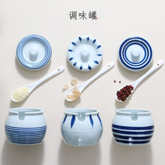 Porcelain Japanese-style ceramic seasoning jar hand-painted tableware set with lid spoon seasoning jar chili jar oil salt bottle seasoning box