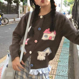 慵懒软糯毛衣学院风短款外套美式复古针织开衫女春季提花撞色拼接