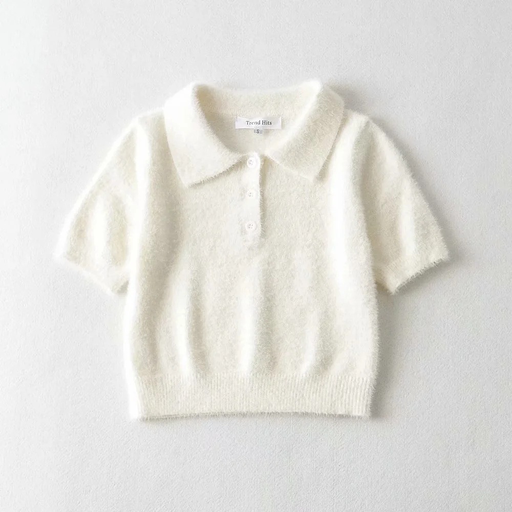 velvet thin high-waist short-sleeved knitted polo-neck t-shirt NSAC52932