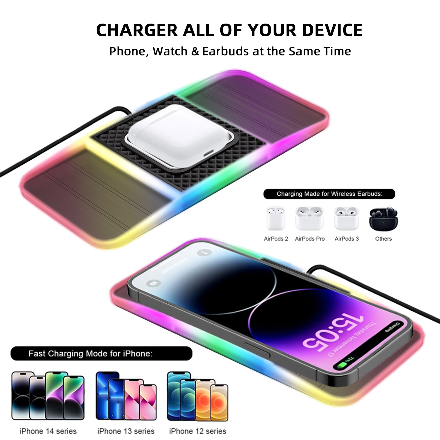 Car Wireless Charger with Ambient Light, Car Charging Pad, 20W Charging, Rgb Fast Charging, Fast Charging, 20W Flash Charging
