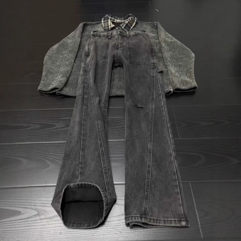 Black American-Style Diagonal-Cut Jeans for Men, Spring Washed Workwear Lumberjack Pants, High Street Vibe Straight-Leg Flared Pants