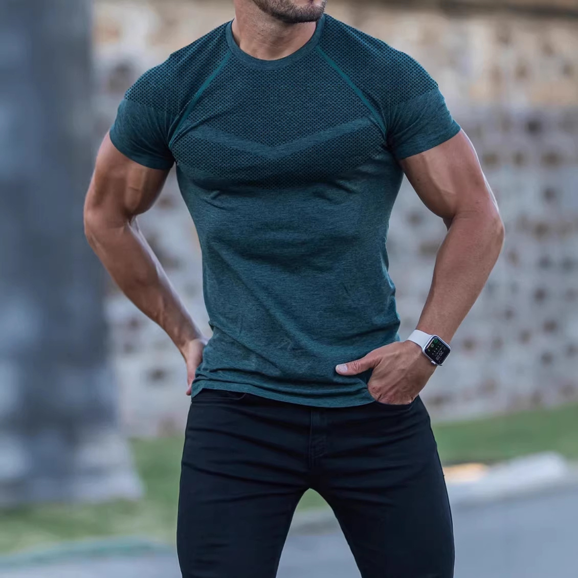 Comercio exterior transfronterizo entre Europa y Estados Unidos Wish hombre de otoño deportivo acondicionamiento casual cuello elástico catiónico cuello redondo camiseta de manga corta