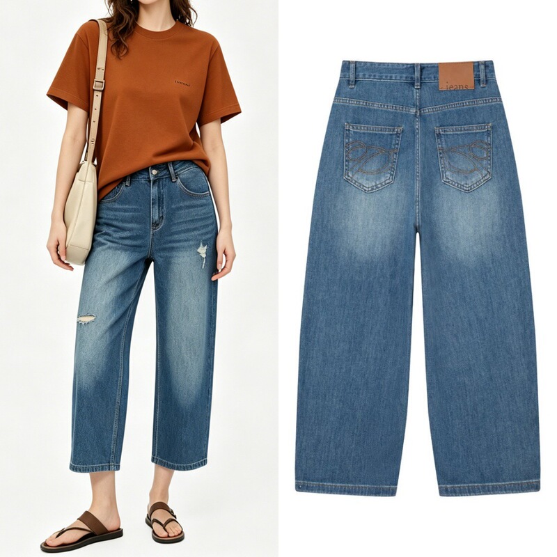 Cooling Tencel Jeans for Women with Embroidered Back Pockets, Ripped Design, Loose Fit, Slimming, Drapey, Non-Stretch, Cropped, Blue Cooling Tencel Jeans for Women with Embroidered Back Pockets, Ripped Design, Loose Fit, Slimming, Drapey, Non-Stretch, Cropped, Blue