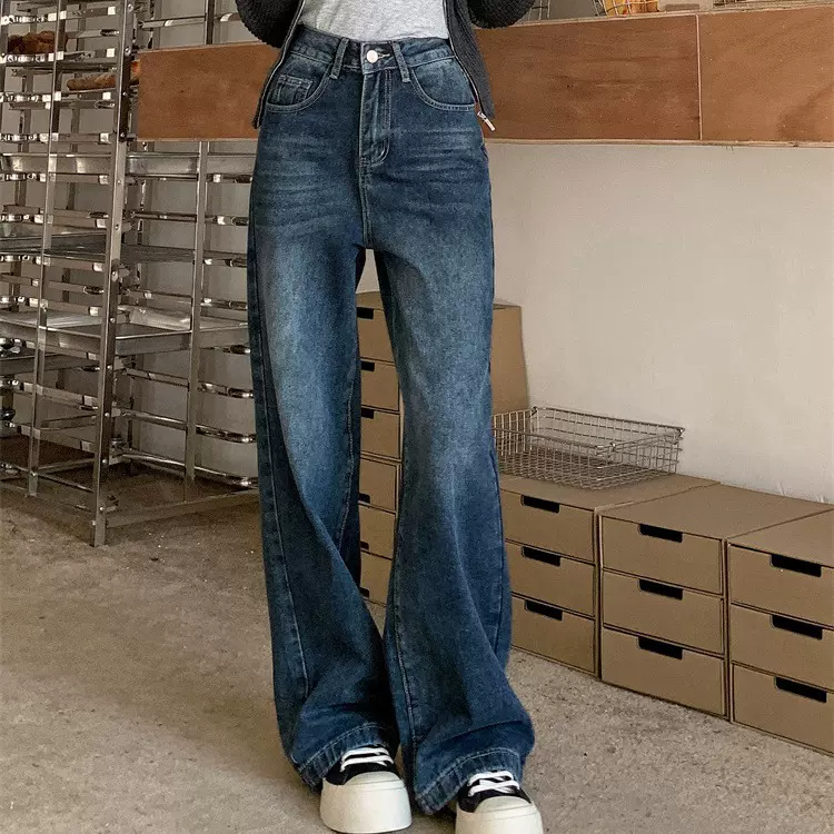 高腰深蓝色长裤拖地裤女 宽松皮牌设计感直筒裤深牛仔裤