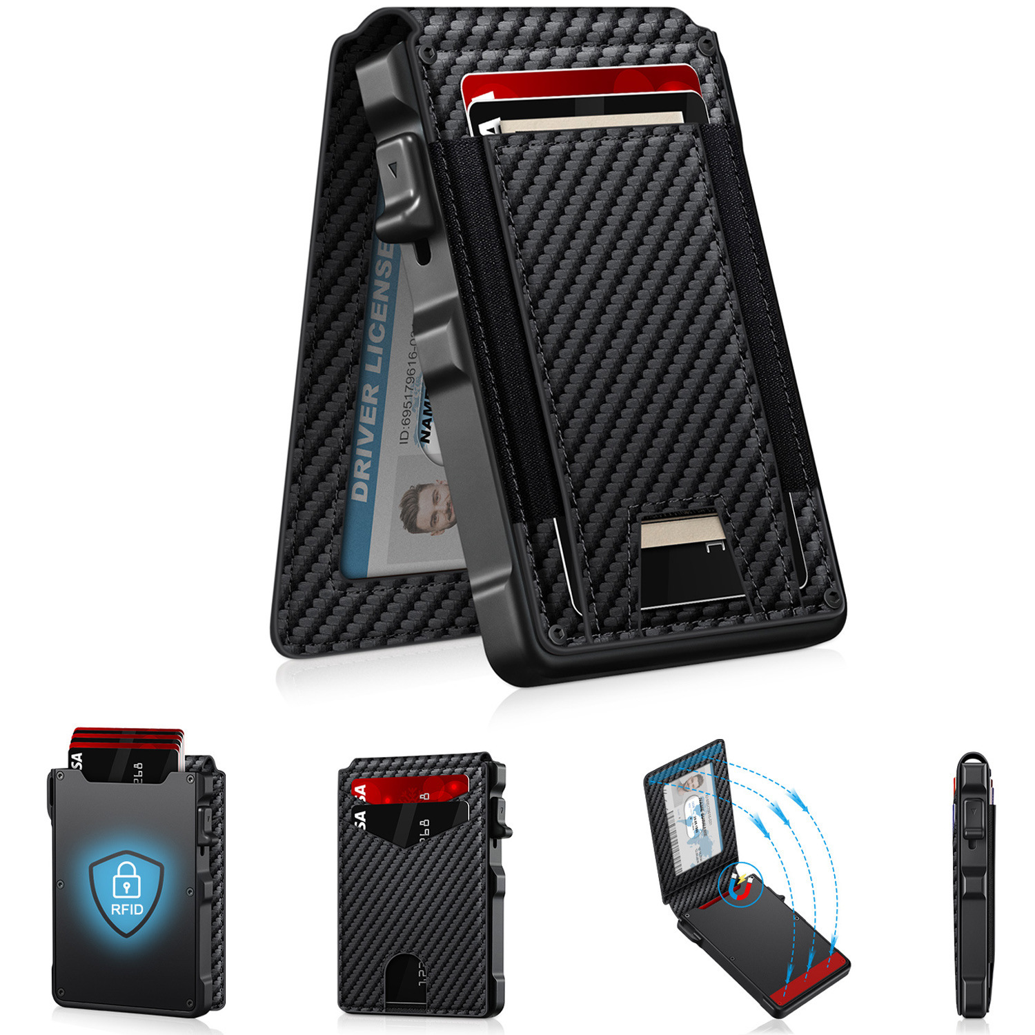 Cartera RFID antirrobo de fibra de carbono personalizada doble cartucho de metal de gran capacidad flip cartera de cuero para hombres