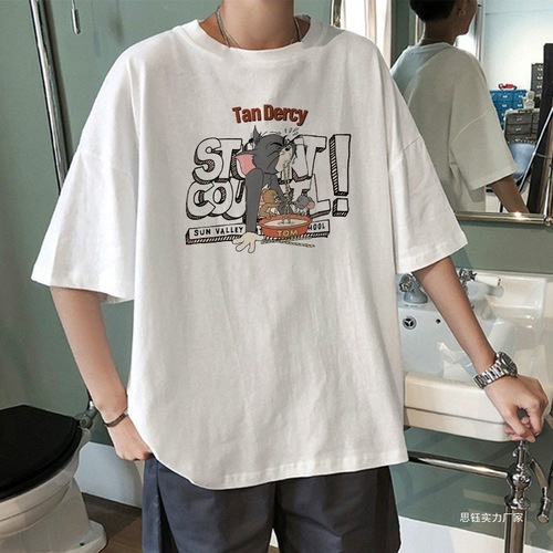 Men's white short-sleeve T-shirt with trendy brand, Instagram summer cartoon print, five-sleeve, Japanese-style loose round neck half-sleeve top.