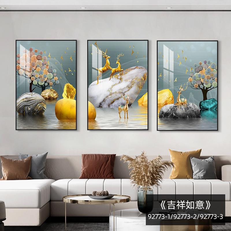 简约大气沙发背景墙聚宝盆山水画酒店宾馆客厅装饰画中式画福鹿|undefined