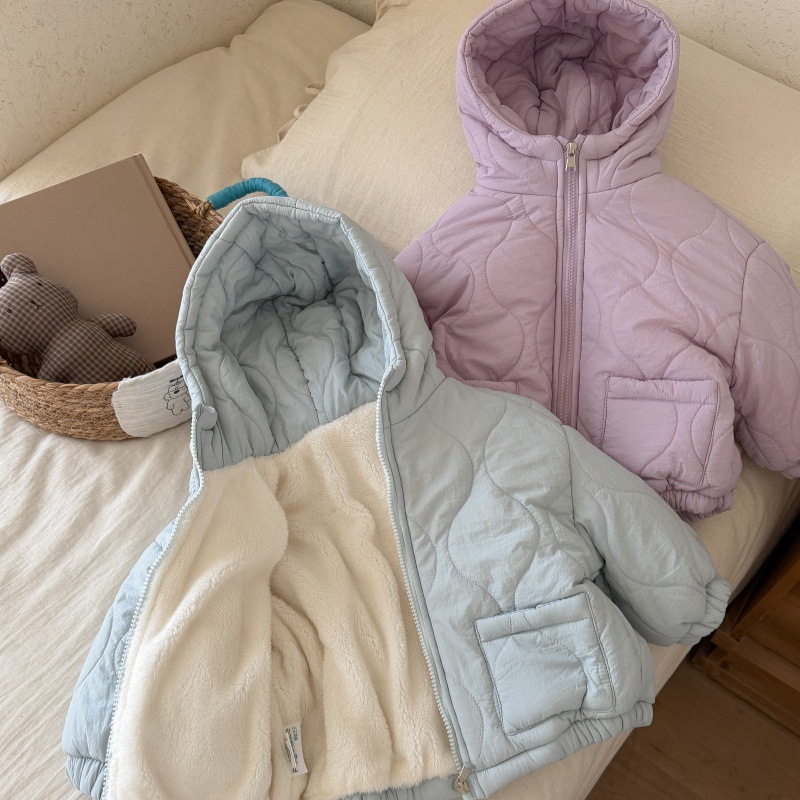 Children's autumn and winter fleece-lined cotton coat, boys' and girls' hooded quilted cotton coat, thickened short jacket, multiple colors.