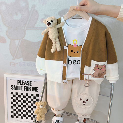Men's and Women's Children's Set of 3 New Korean Style Spring and Autumn Season Baby Outfits Including Sweaters, Tops, and Pants 2120