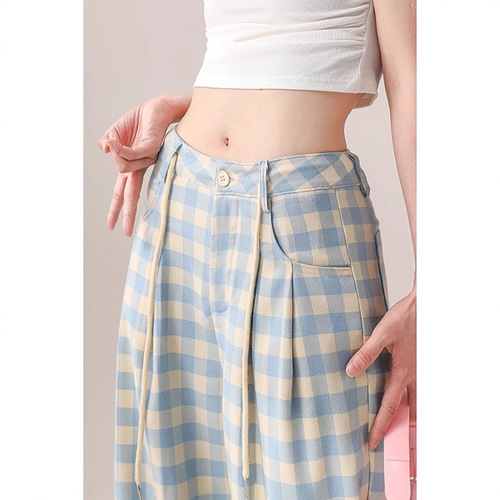 Blue Grid Casual Pants for Women, Loose High-Waisted, Slouchy Drape, Straight Leg Wide Leg Floor-Length Pants