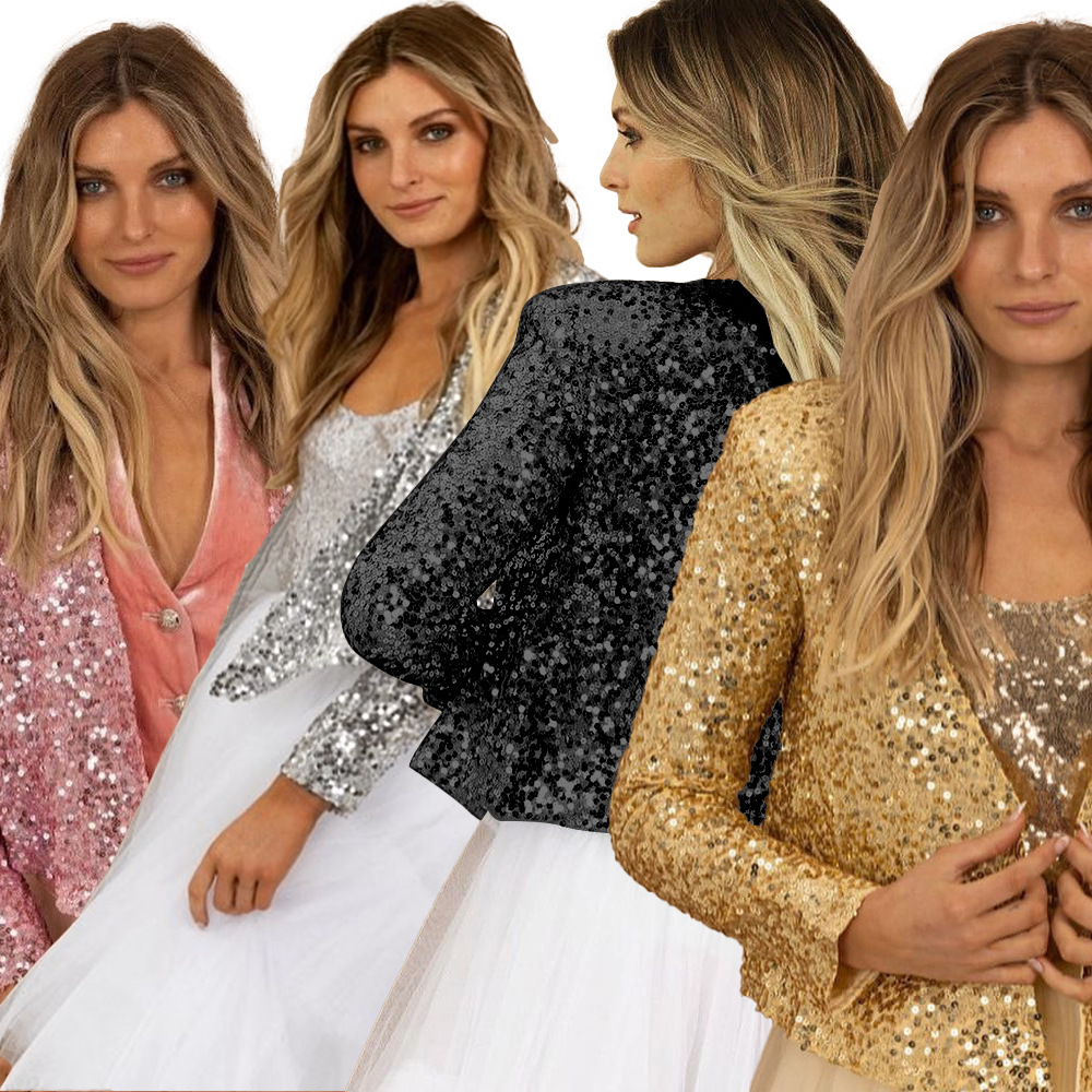 Chaqueta corta versátil informal para mujer, estilo europeo y americano, con cuello alto, bloques de color y lentejuelas, nueva colección transfronteriza de primavera 2025.