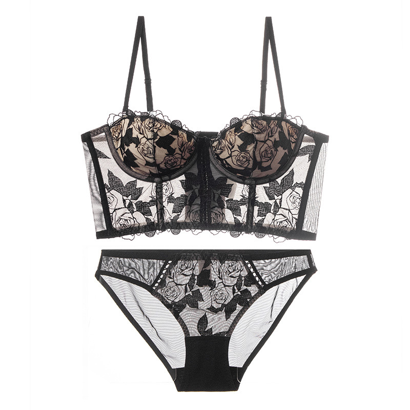 New French-style floral embroidery soft steel cup shaping push-up bodycon lingerie set with backless bustier top