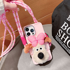卡通公仔手機背夾可調節斜挎繩背帶毛絨狗狗日韓ins風掛脖蝴蝶結