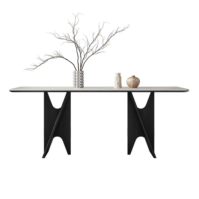 Mesa de comedor de madera maciza negra, mesa de comedor rectangular para uso doméstico pequeño, mesa de comedor para el hogar simple y de lujo ligero, mesa de comedor de tablero de roca blanca pura