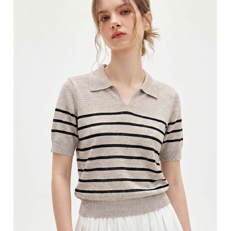 Casual Style Striped Turn-Down Collar Commuter Style Light Apricot Versatile Women's Short-Sleeve Knit Top Casual Style Striped Turn-Down Collar Commuter Style Light Apricot Versatile Women's Short-Sleeve Knit Top