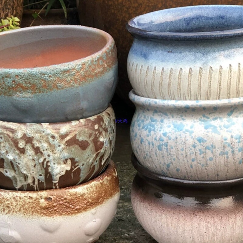 Handmade Coarse Pottery Round Pot with Wide Mouth for Succulents, Taoist-Style Succulent Cluster Pot, Purple Sand Clay Pot, Ceramic Plant and Flower Pot