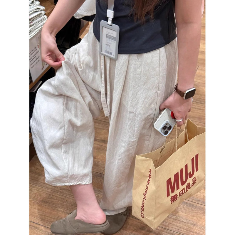Summer Breathable Cotton-Linen Thin Lantern Pants for Women, High-Waisted, Drapey, for Slightly Plump Figures, Wide-Leg Pants, Casual Versatile Long Pants