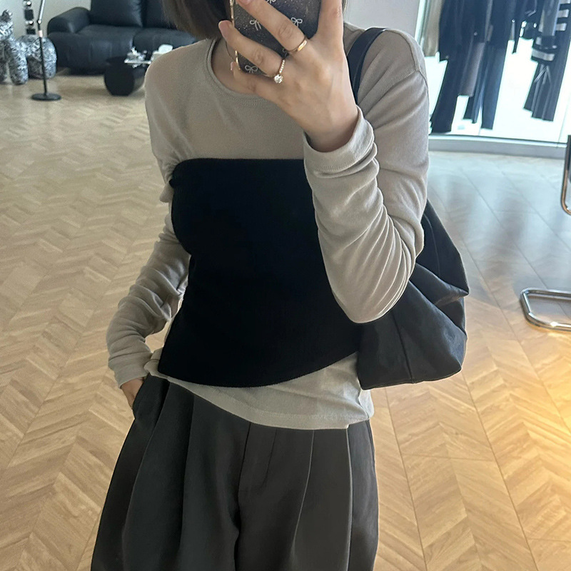 YIDENG设计感撞色长袖T恤女春季新款修身显瘦韩系假两件上衣|undefined