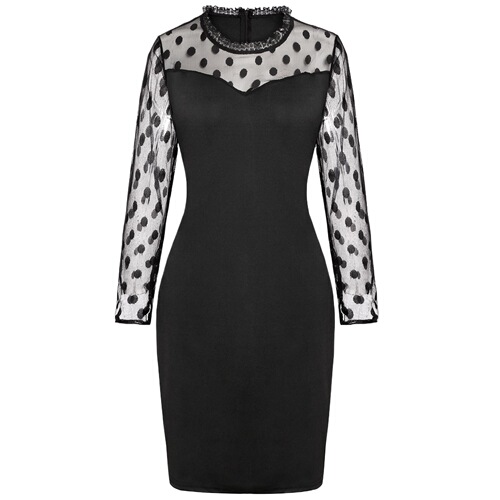 European and American New Arrival Polka-Dot Mesh Spliced Stretchy Waist-Slimming Hip-Hugging Long-Sleeved Lace Dress
