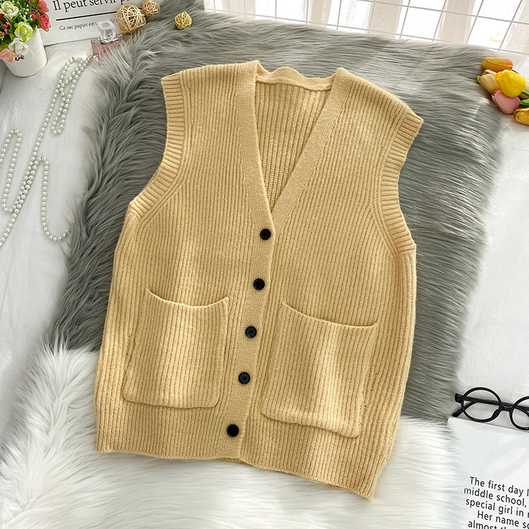 Korean Style Solid Color Double Pocket Knitted Vest Cardigan Women's Loose 2022 Autumn New V-neck Sleeveless Sweater Waistcoat