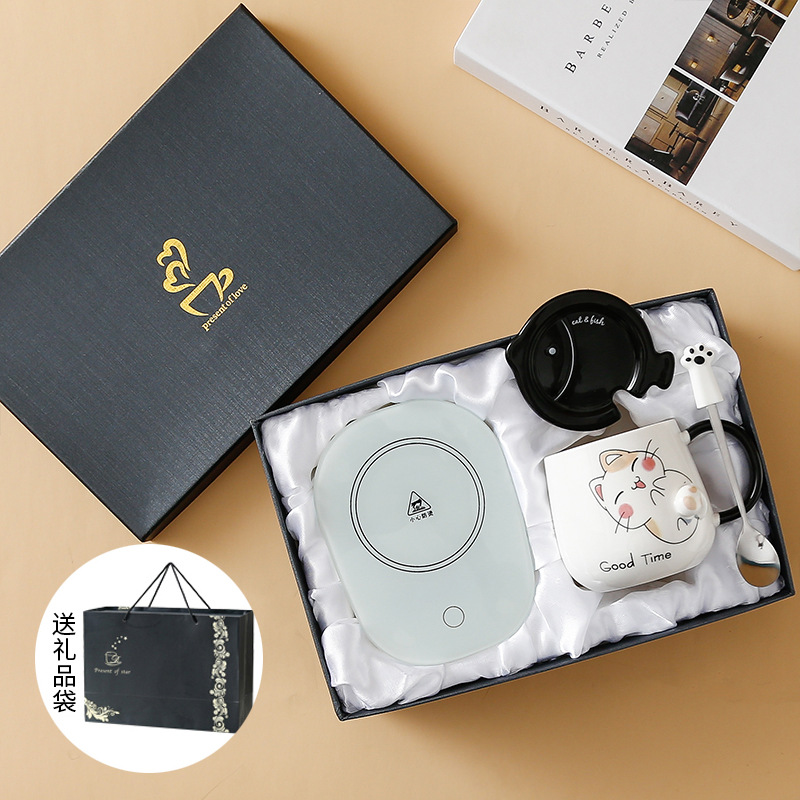 Taza de gato Mark con tapa Cuchara Taza de agua de cerámica Taza de pareja de dibujos animados de cerámica para hombres y mujeres Taza de desayuno de café de oficina