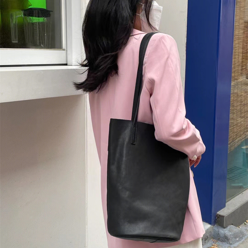 QZ Lazy Style Bucket Bag Large Capacity Tote Bag Genuine Leather Shoulder Bag for Women Retro Versatile Soft Vegetable Tanned Cowhide Bag - Thumbnail 2