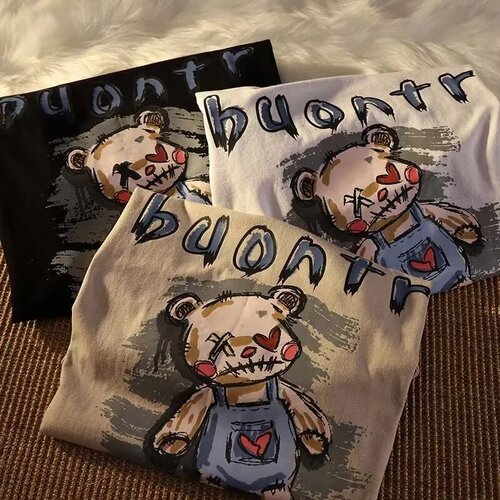 2024 American retro cartoon bear pure cotton male and female couple loose short-sleeved T-shirt ins half-sleeved T-shirt