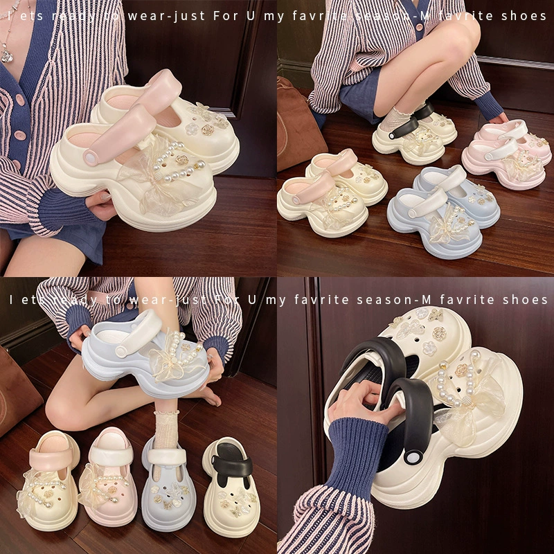 Изысканная жемчужная бабочка пещерная обувь для девочек летняя мода корейская версия нежных холодных тапочек на толстой подошве