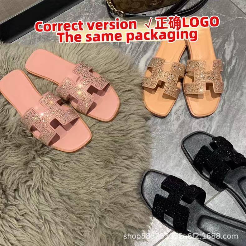 Cross-Border Foreign Trade Internet Celebrity H-Shaped Slippers, Pink Rhinestone Chunky Heel Outdoor Vacation Beach Shoes, Flat Sandals