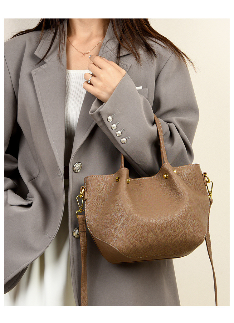 Women's Pu Leather Solid Color Basic Sewing Thread Bucket Zipper Shoulder Bag Handbag Crossbody Bag display picture 9