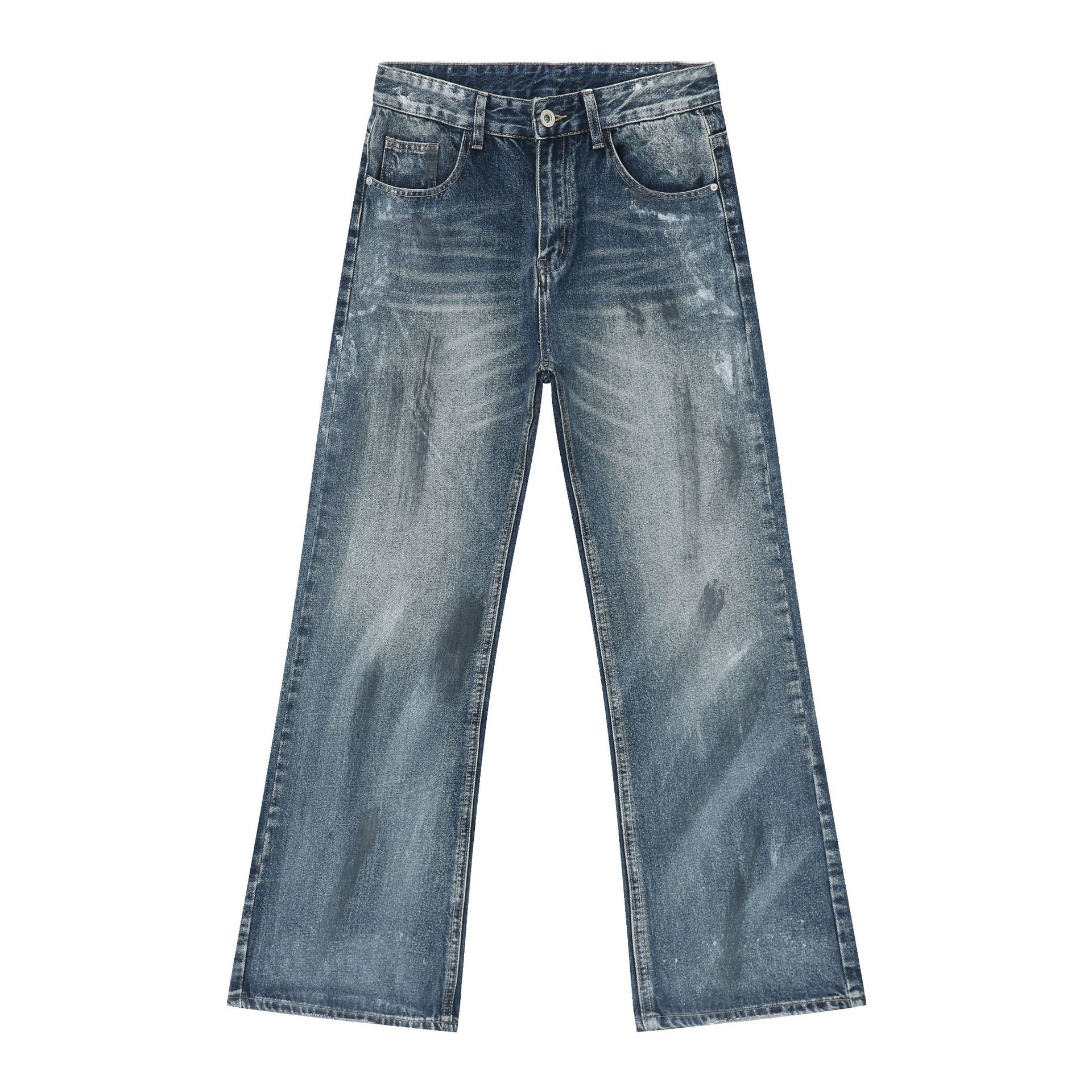 Hand-Painted American Style Straight-Leg Jeans For Men - Vintage Washed Denim Pants With Flared Hem, Comfortable Cotton Blend Fabric_mkmklike.com
