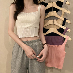 Summer 2025 New Korean Style Versatile Rolled-Up Cropped Short Top for Petite Women, Knitted Camisole for Outerwear