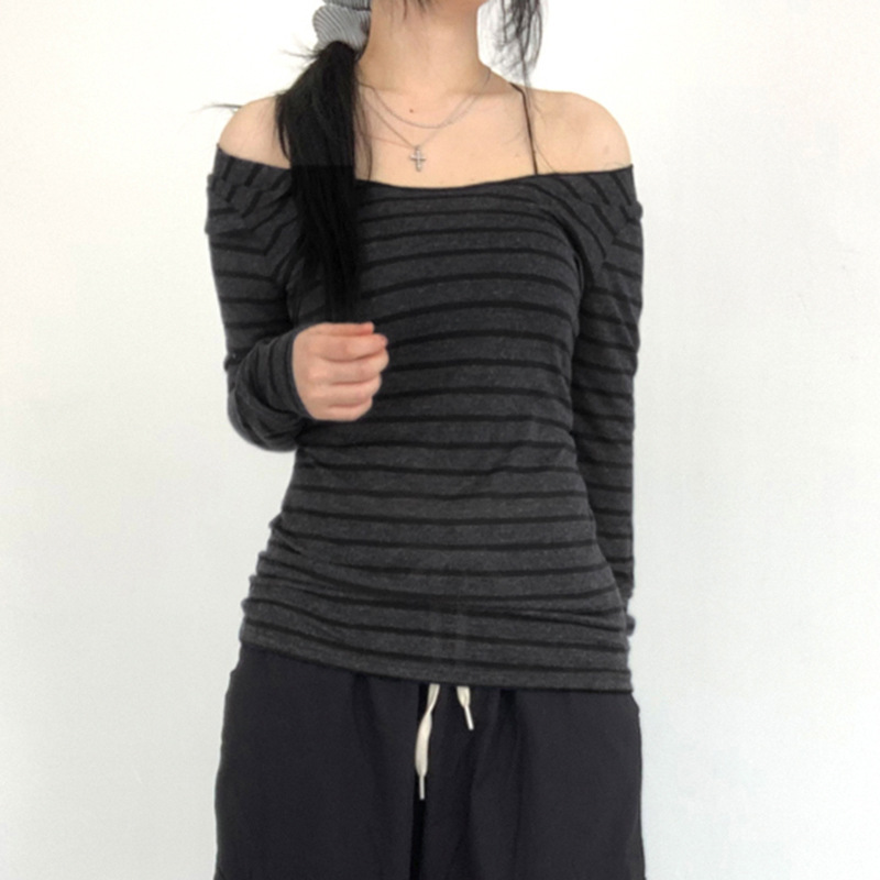 ヨーロッパとアメリカのシンプルなストライプのコントラストカラーの女性用長袖Tシャツ、クロスボーダーワンショルダーベーシック多用途スリムフィットボトムストップ|undefined