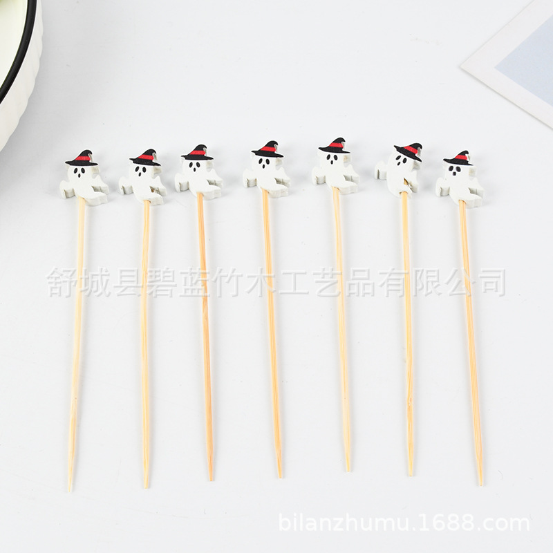 Spot al por mayor desechable stick de fruta Halloween estilo cráneo stick de bambú arte stick de fruta camellia