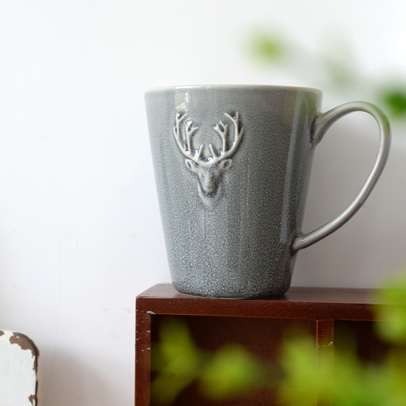 〖Deer Head Mug〗 Nordic Household Water Cup with Embossed Design, Stylish Cup, Personalized Milk Cup, Ceramic Cup and Saucer Set