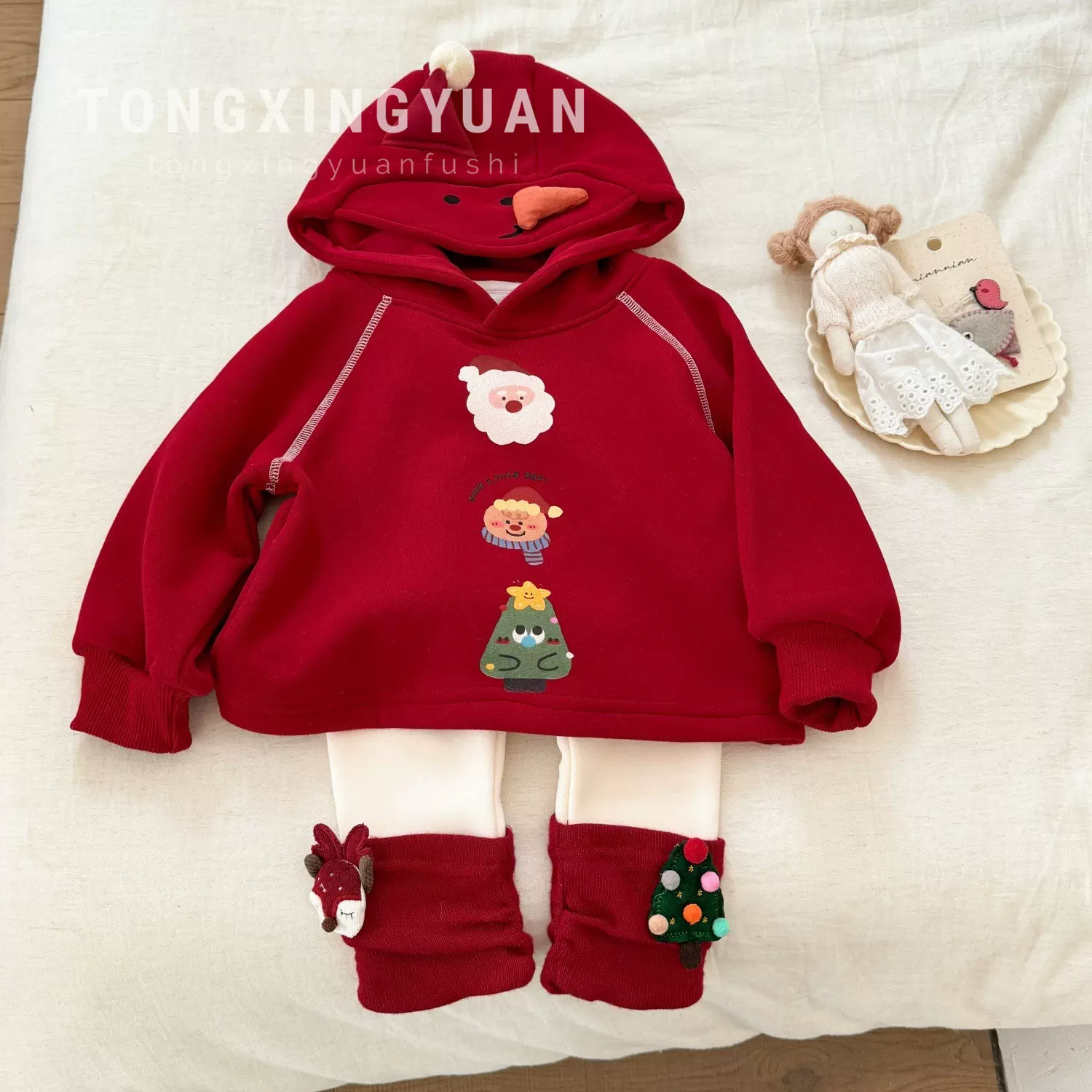 圣诞氛围感！跨境女童加厚连帽卫衣套装冬季加绒女童宝宝上衣外套