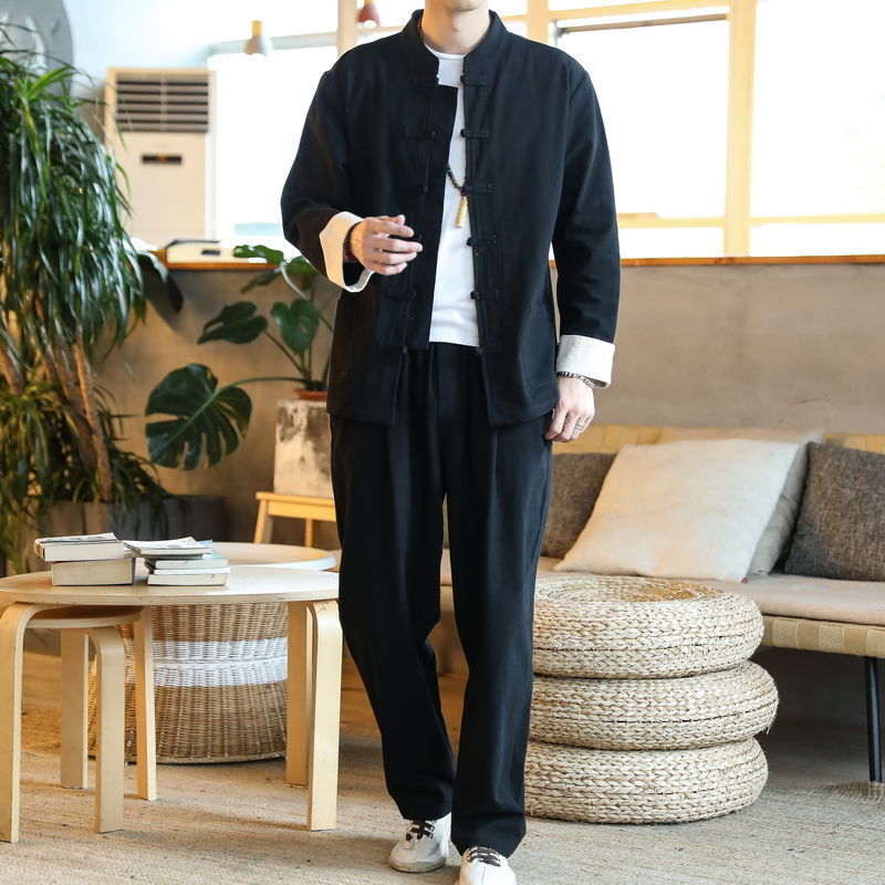 三件套唐装男传统服装太极拳中老年唐装和尚衣服盘扣薄款中长款