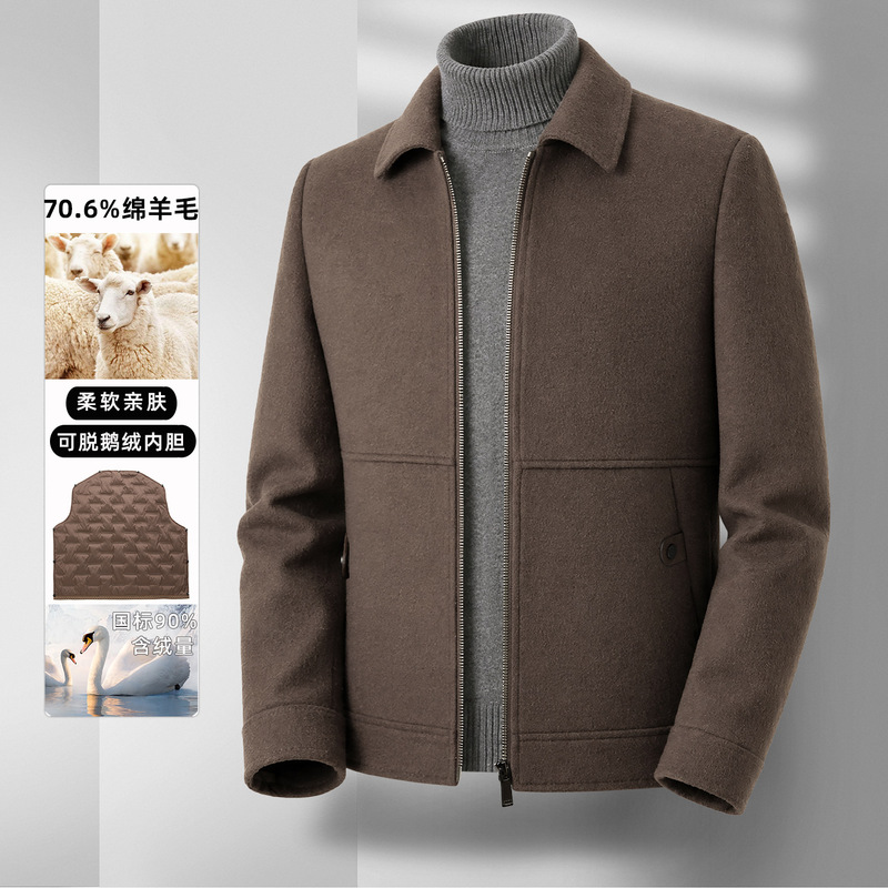 Men's double-sided woolen jacket for autumn and winter, with a turn-down collar, thickened, removable down lining, business casual short woolen coat