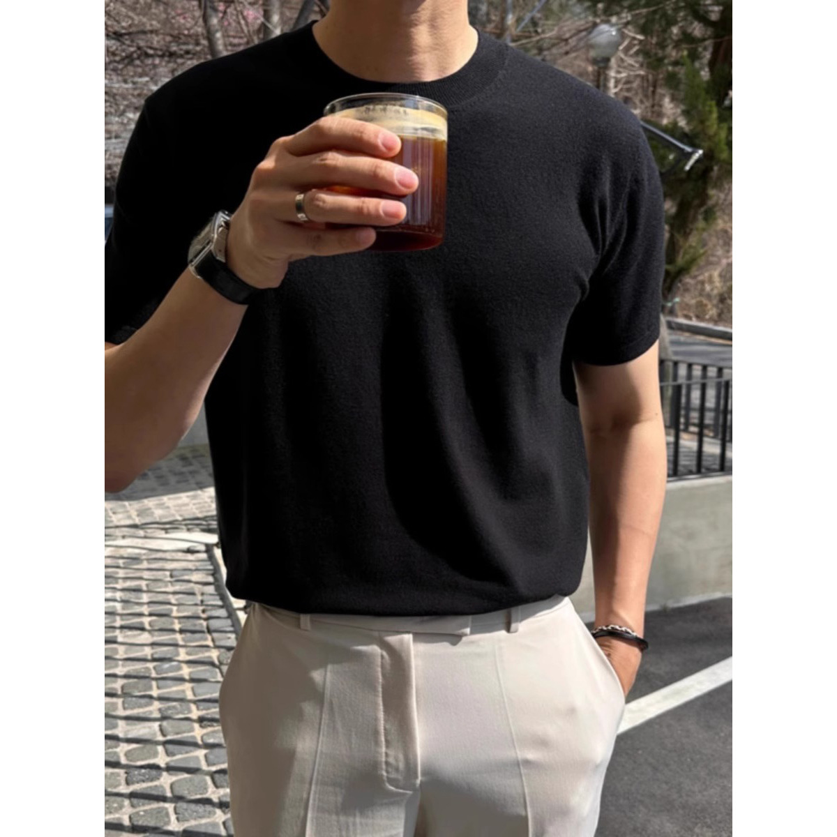 Verano nuevo camiseta de manga corta hombre de color sólido hielo cuello redondo delgado T-shirt de comercio exterior al por mayor transfronterizo