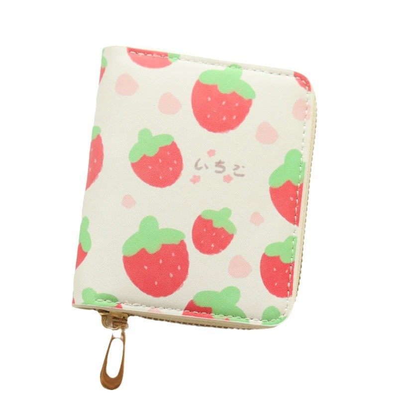 Short Zipper Wallet, cartoon strawberry design, capacious coin/card slots, for elementary students