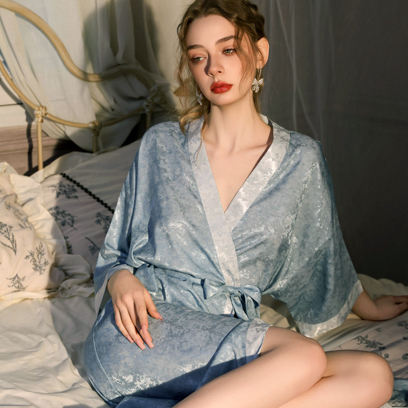 Digital Jacquard Satin Nightgown for Women, Summer Sexy Sleepwear, Bathrobe, Cardigan, Outer Robe, High-End Ice Silk Nightgown Digital Jacquard Satin Nightgown for Women, Summer Sexy Sleepwear, Bathrobe, Cardigan, Outer Robe, High-End Ice Silk Nightgown