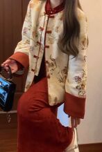 新中式国风套装秋冬设计感碎花盘扣夹棉外套红色旗袍连衣裙两件套