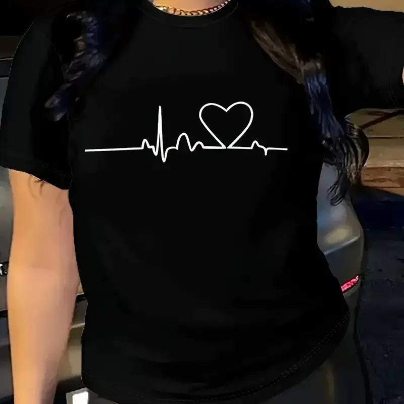 跨境现货女士夏季T恤印花时尚休闲可爱短袖女式圆领印花短袖 T 恤