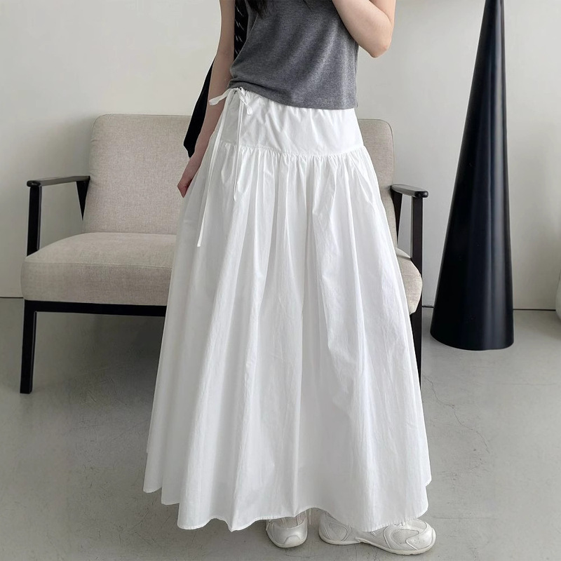 Sn Pomelo Hidden Fleshism Black Skirt Women's Summer Design High Waist Drawstring Mid-Length A-Line Skirt Pleated Skirt Sn Pomelo Hidden Fleshism Black Skirt Women's Summer Design High Waist Drawstring Mid-Length A-Line Skirt Pleated Skirt