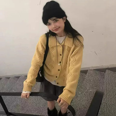 韩版秋季新品甜美百搭小鸡黄毛衣外套缕空设计翻领针织衫女上衣
