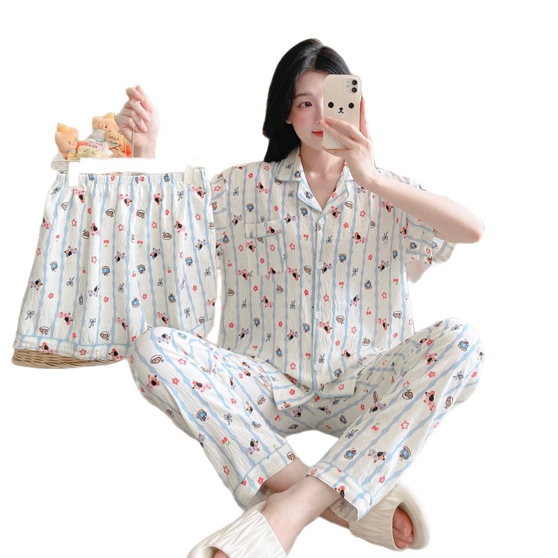 国境を越えた日本と韓国のクラウドコットンパジャマ3点セット春夏レディースプリントかわいいホーム服漫画スーツ新しいスタイル|undefined