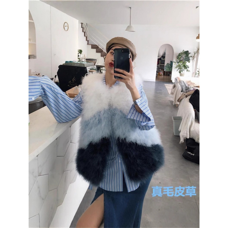 Cross-Border Foreign Trade Export: Women's Mid-Length Vest with Real Ostrich Feathers and Turkey Feathers, Color-Blocking Design
