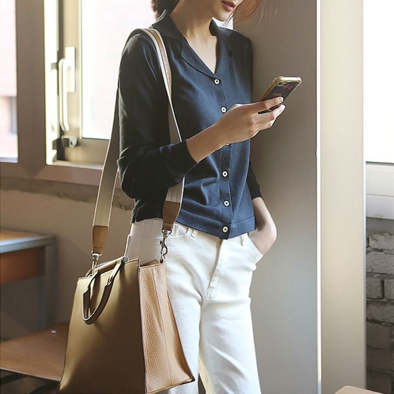 Ice Silk Knitted Cardigan Women's Lapel Summer Thin Popular 2025 Top Early Spring & Fall Bottoming Polo Suit Jacket